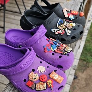 CROCS Black and Purple Slippers with Cartoon Charms